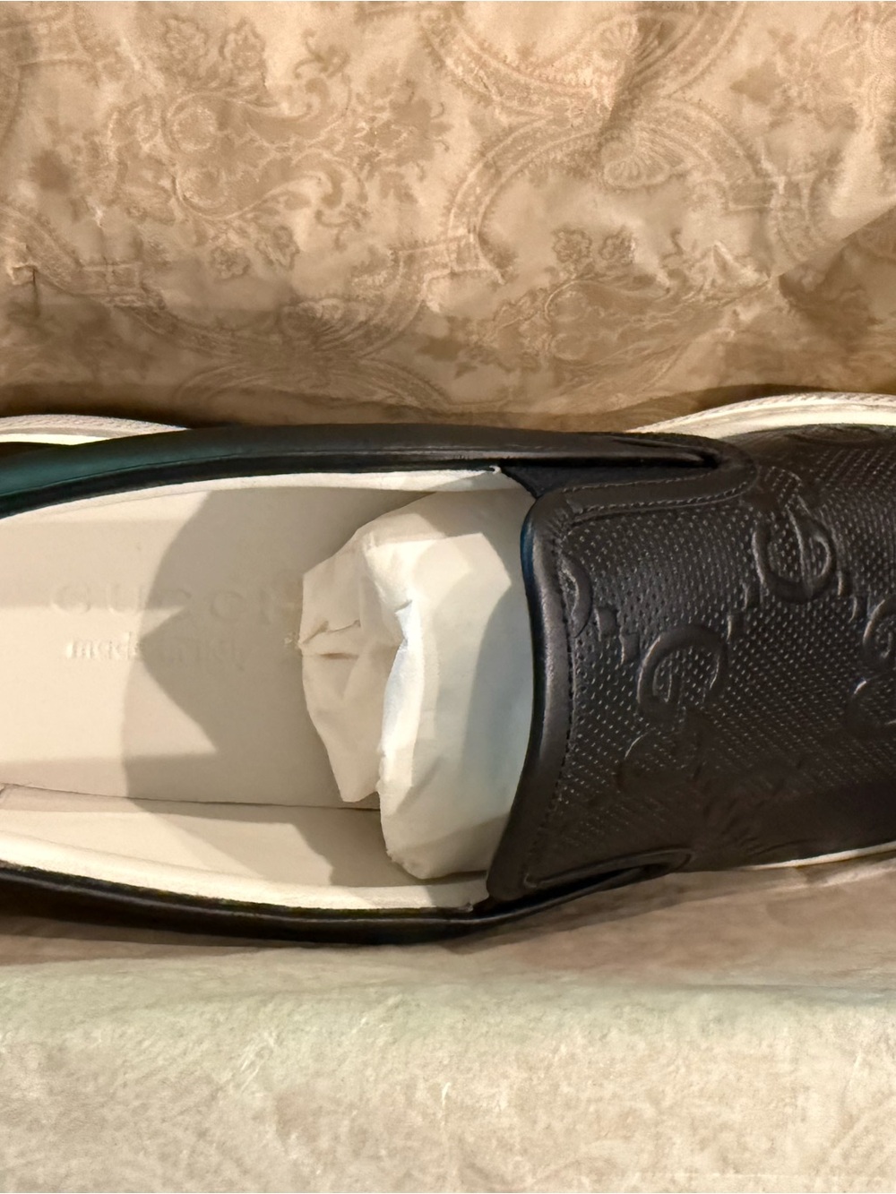 Gucci Black Embossed Leather Slip-On Loafers with White Lining